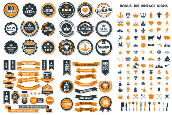 Vintage Badge Objects Vector Set Orange and Gray